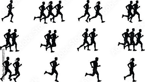 Set of running people silhouettes showing male and female joggers in different poses for fitness, marathon, training, sport, and healthy lifestyle design
