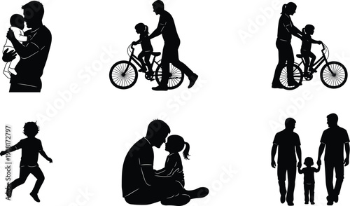 Silhouettes of parents and children engaging in various activities together including hugging, biking, and playing 2