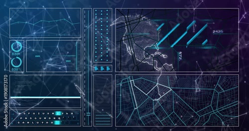 Blurred globe starting HUD, dotted 3D globe rotating while cyan bars sweeping, visualizing metrics