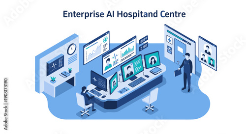 Futuristic Hospital Control Room with AI Technology and Medical Professionals.