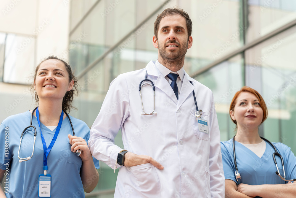 © StockMe - Confident healthcare professionals smiling, standing outside a modern hospital building, ready to provide healthcare services and support