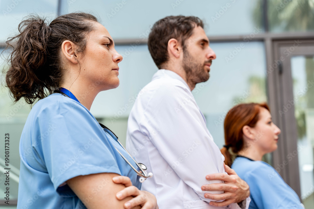 Obraz premium Healthcare team standing together with serious expressions, showing teamwork and resilience in healthcare