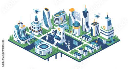 Isometric cityscape with modern skyscrapers and urban infrastructure.