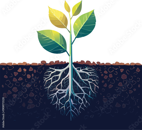 Vibrant yellow-green plant with clearly visible white roots thriving in rich dark brown soil, embodying healthy growth, isolated white background.