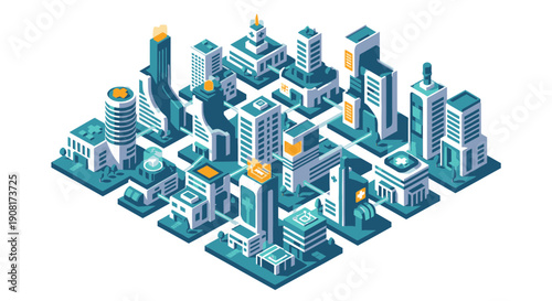 Isometric cityscape with modern skyscrapers and urban infrastructure.