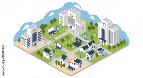 Isometric illustration of a modern cityscape with buildings and green spaces.