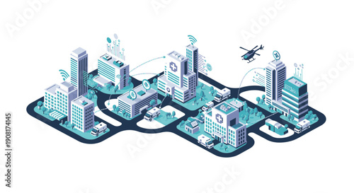 Isometric cityscape with modern buildings and transportation.