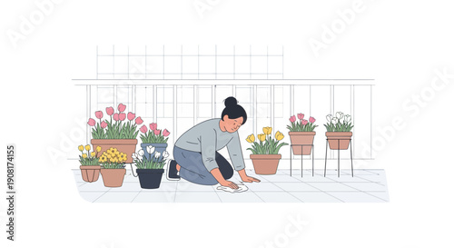 Woman gardening on balcony, tending to potted spring flowers, illustration style