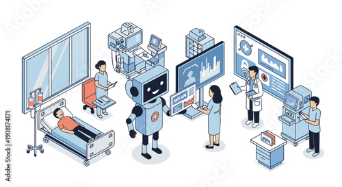 Medical professionals and robot interacting in a futuristic hospital setting.