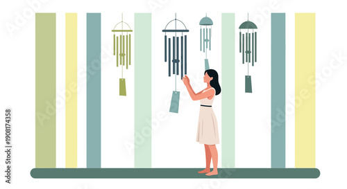 Woman Hanging Wind Chimes, Serene Outdoor Decor, Gentle Breeze