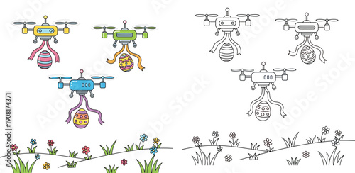 Drones delivering Easter eggs vector illustration set, colorful and outline coloring page style, flying quadcopters with ribbons and hanging eggs over spring meadow grass and flowers.