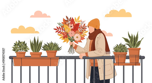 Woman holding autumn bouquet on balcony with potted plants, flat illustration