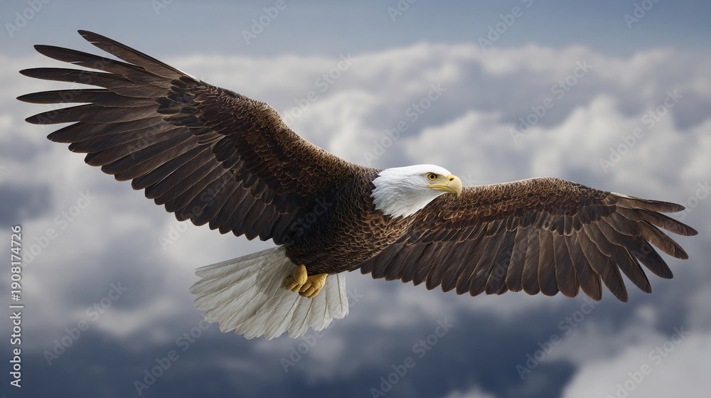 Obraz premium Majestic Bald Eagle Soaring Through Cloudy Sky