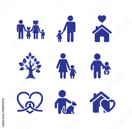 family love home icons with people and pets isolated on white background