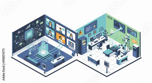 Isometric illustration of a modern office space with various workstations and technology integration.