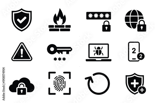 Cybersecurity icons depicting protection threats and data security concepts