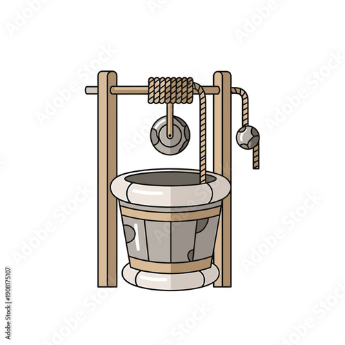 Illustration of an old-fashioned wooden well with a rope and bucket, viewed from the front