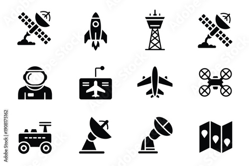 Black silhouettes depicting various space exploration and transportation icons