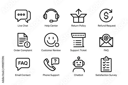 Customer support icons depicting various service options and assistance methods