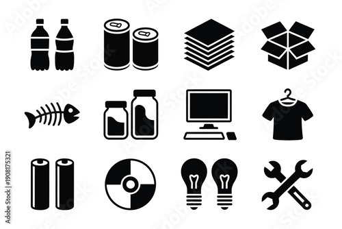 Recycling symbols depicting various waste materials and electronic items