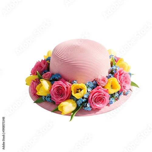 Pink cake hat isolated on transparent background with colorful flowers