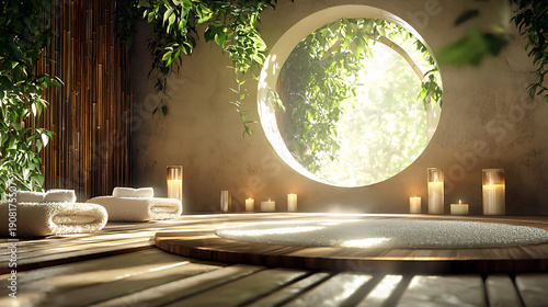 Serene spa interior featuring soft towels, relaxing candles, and natural light filtering through circular window, creating tranquil atmosphere