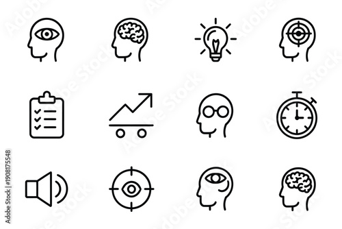 Collection of linear icons representing mental health and cognitive processes