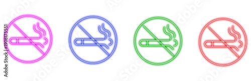 A set of colorful neon prohibition signs showing a crossed out cigarette with smoke isolated on a transparent background ideal for health and safety notices.