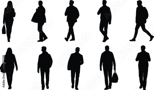Walking business people silhouette set showing men and women carrying bags in urban lifestyle poses isolated on white background