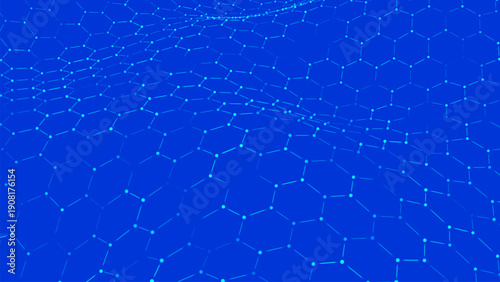 A vibrant hexagonal grid gently curves like a living digital fabric. A futuristic hexagonal background. Glowing nodes are connected by lines, forming a honeycomb structure.