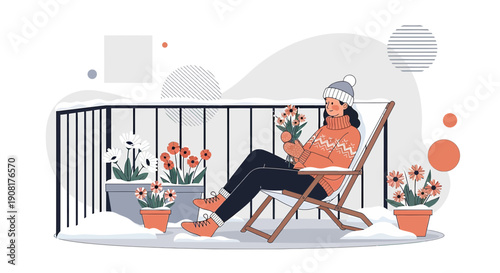 Woman Enjoying Flowers on Snowy Balcony - Winter Garden Scene Illustration