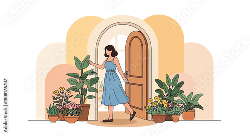 Woman Entering Home, Surrounded by Lush Potted Plants and Archways