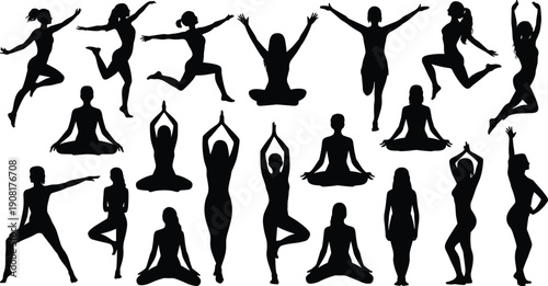 Yoga and fitness women silhouettes in dynamic poses representing wellness, flexibility, balance, energy, mindfulness, healthy lifestyle, and physical activity concept