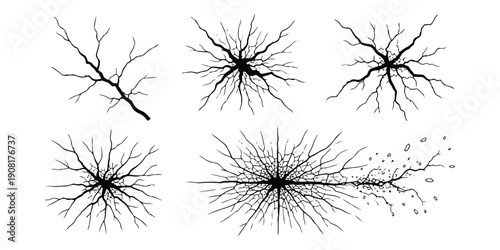 A collection of six black and white crack illustrations with various branching and radiating patterns.