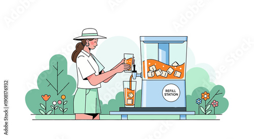 Woman Filling Drink at Outdoor Refill Station Surrounded by Summer Garden