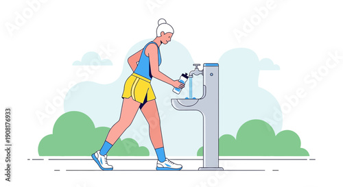 Woman Filling Water Bottle at Outdoor Drinking Fountain After Exercise