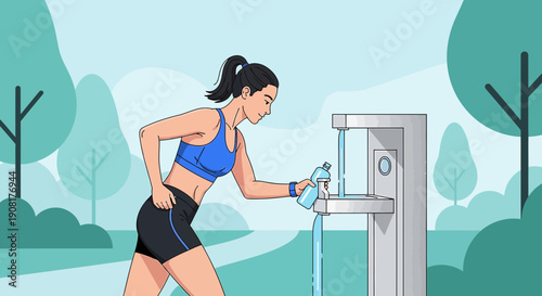 Woman Filling Water Bottle at Park Fountain After Exercise