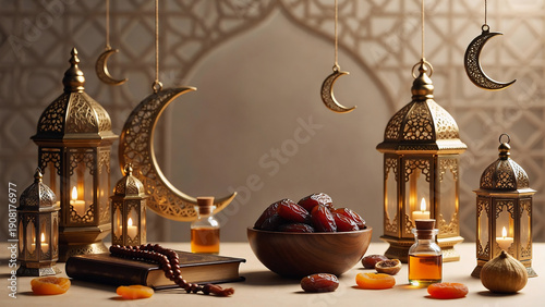 Elegant Ramadan setup with dates, lanterns, and crescent moons