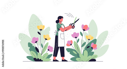 Woman florist trimming flowers in garden, flat illustration style