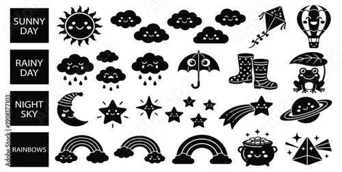 Hand drawn weather icon set in black outline, sun, cloud, rain, thunderstorm, tornado, rainbow, umbrella, boots, UFO and moon symbols for UI or infographic, vector