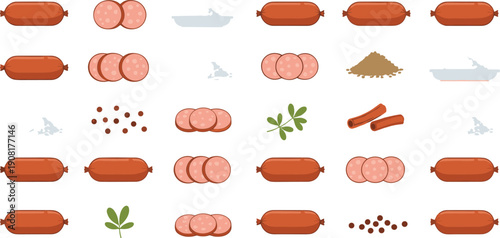 Sausage and Meat Ingredient Illustration Set with Whole, Sliced, and Seasoned Sausages for Food Packaging, Recipes, Menus, and Cooking Designs