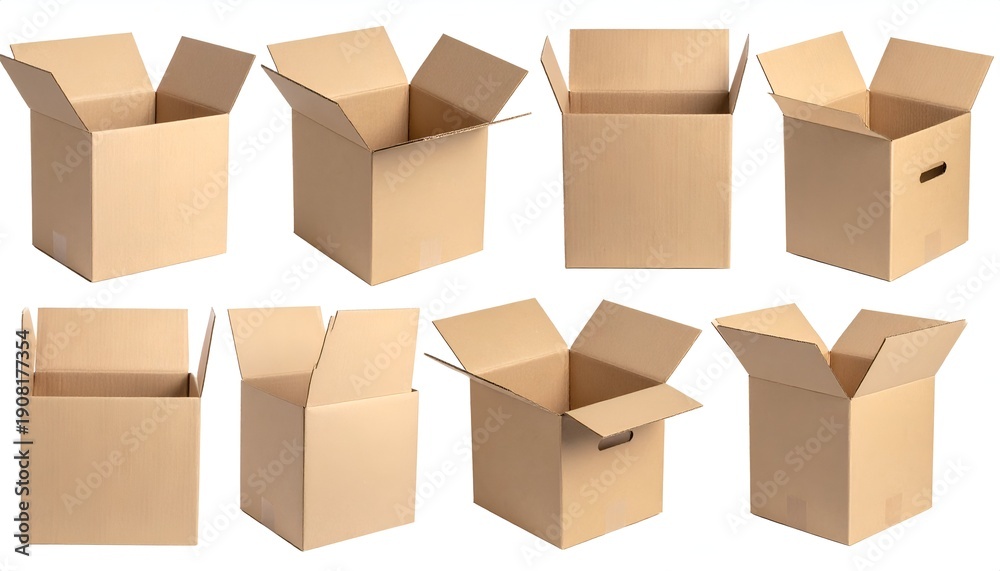 Fototapeta premium Collection of eight open, empty, brown cardboard boxes on a white background