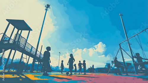 Children playing on vibrant playground equipment under a bright blue sky with fluffy white clouds and a sunny atmosphere
