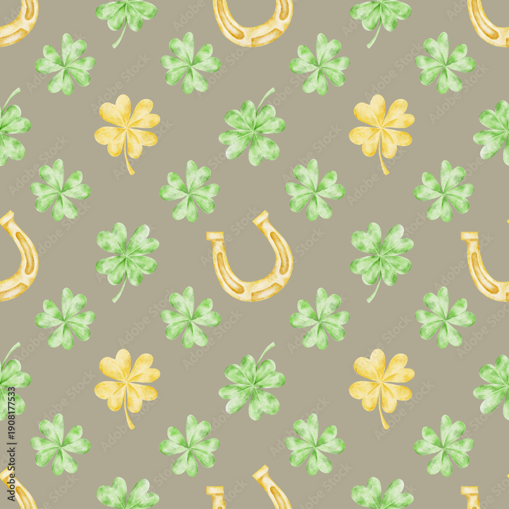 Obraz premium Golden horseshoes, green clovers and yellow accents on muted green colors, watercolor illustration seamless pattern, hand drawn for St Patricks Day merchandise including fabric, wrapping paper