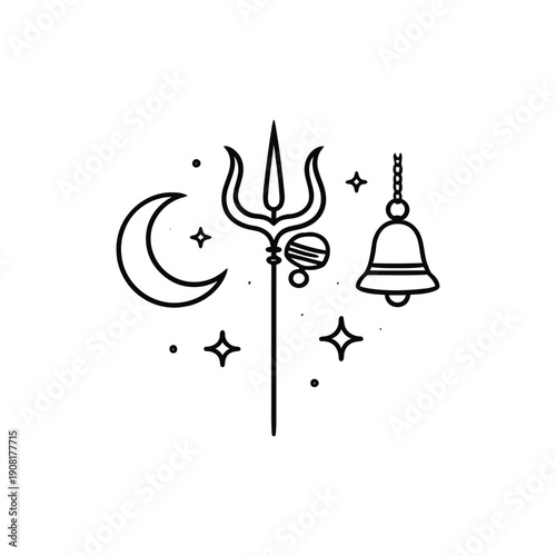 Mystical trident, crescent moon, and bell illustration surrounded by celestial elements and stars
