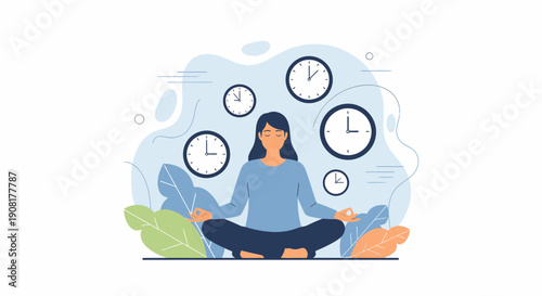 Woman Meditating with Clocks Around Her.