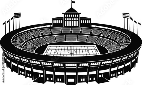 Football stadium silhouette, soccer arena building, sports complex, field, pitch, floodlights, match day, architecture, exterior, cad drawing flat vector illustration