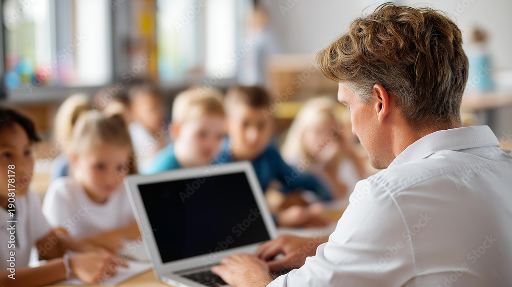 Fototapeta premium Over-the-shoulder view of faceless teacher showing laptop to students, diverse kids focusing on lesson, interactive educational technology moment, classroom engagement visualization,