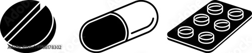 Medicine pills and capsule and blister pack symbolsline icon set