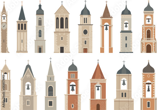 Church tower and bell tower vector set with various architectural styles, Christian religious buildings and historic landmarks in flat illustration style